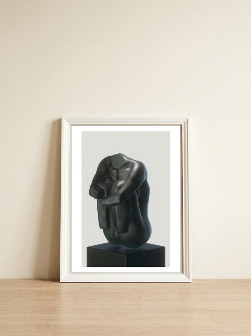 BLACK FETUS NORTH WEST — framed, leaning against the wall
