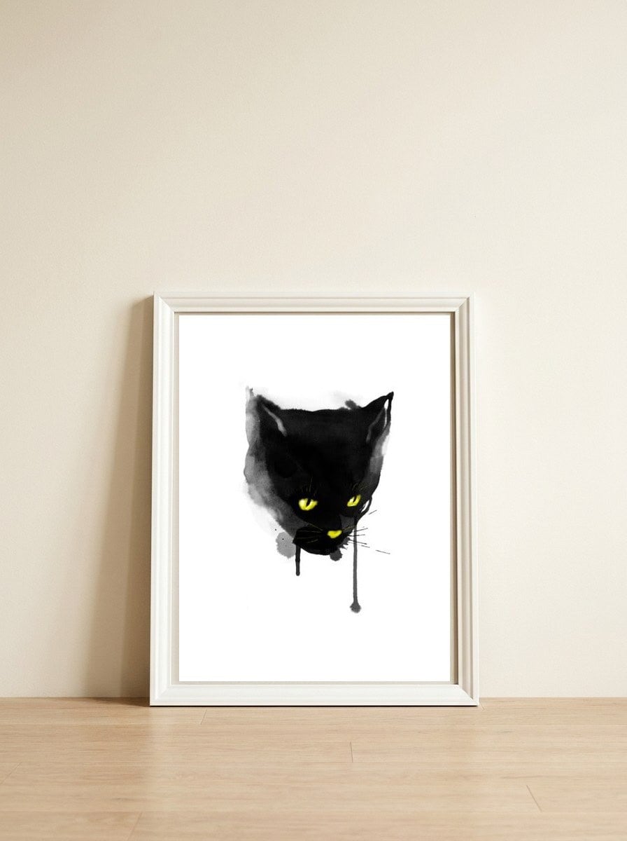 Sumi Cat — framed, leaning against the wall