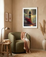 Lighthouse floating in the Sunset Clouds framed in a tender room thumbnail