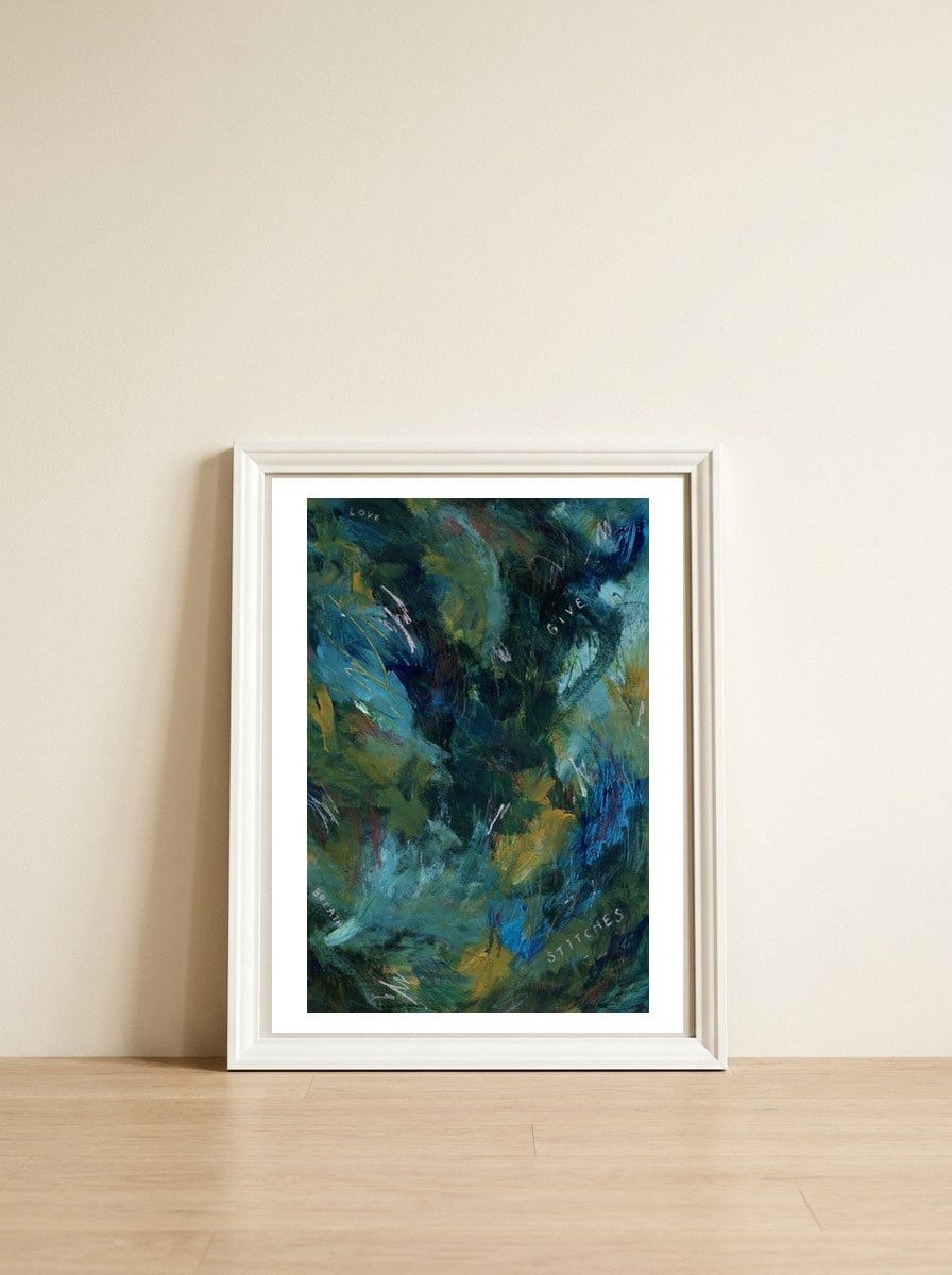 Stitches — framed, leaning against the wall