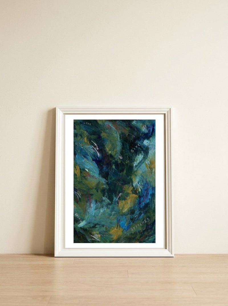 Stitches — framed, leaning against the wall