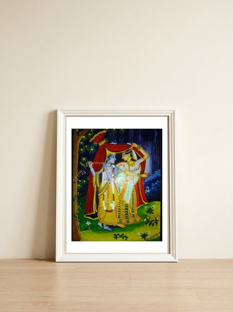 Radha-Krishna — framed, leaning against the wall