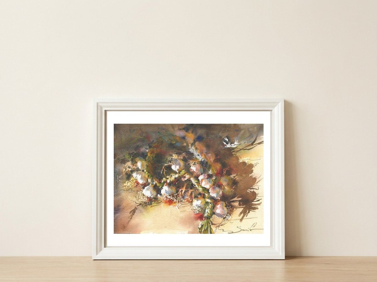 Still life garlic Watercolor — framed, leaning against the wall
