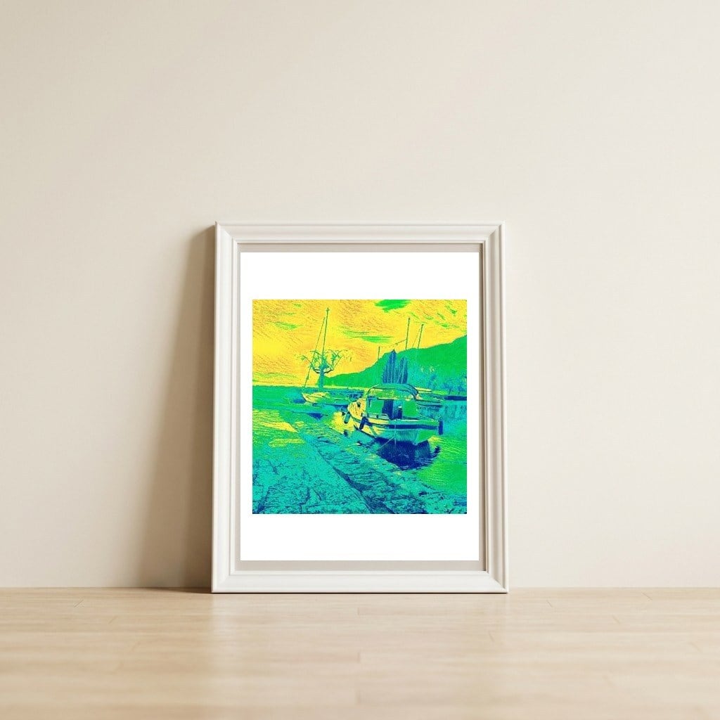 Boats on Green, blue and yellow — framed, leaning against the wall