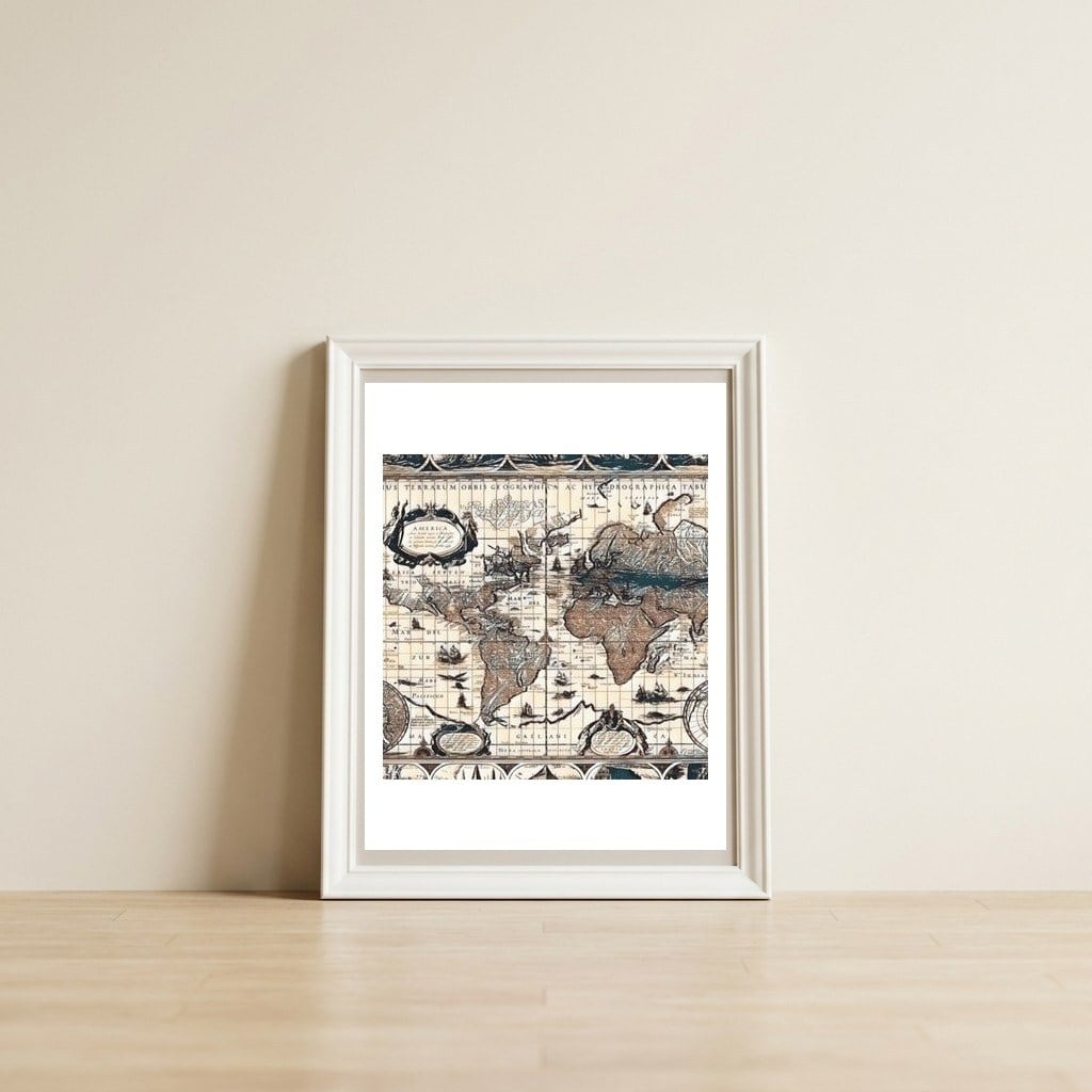 Antique Mapa Mundi revisited — framed, leaning against the wall