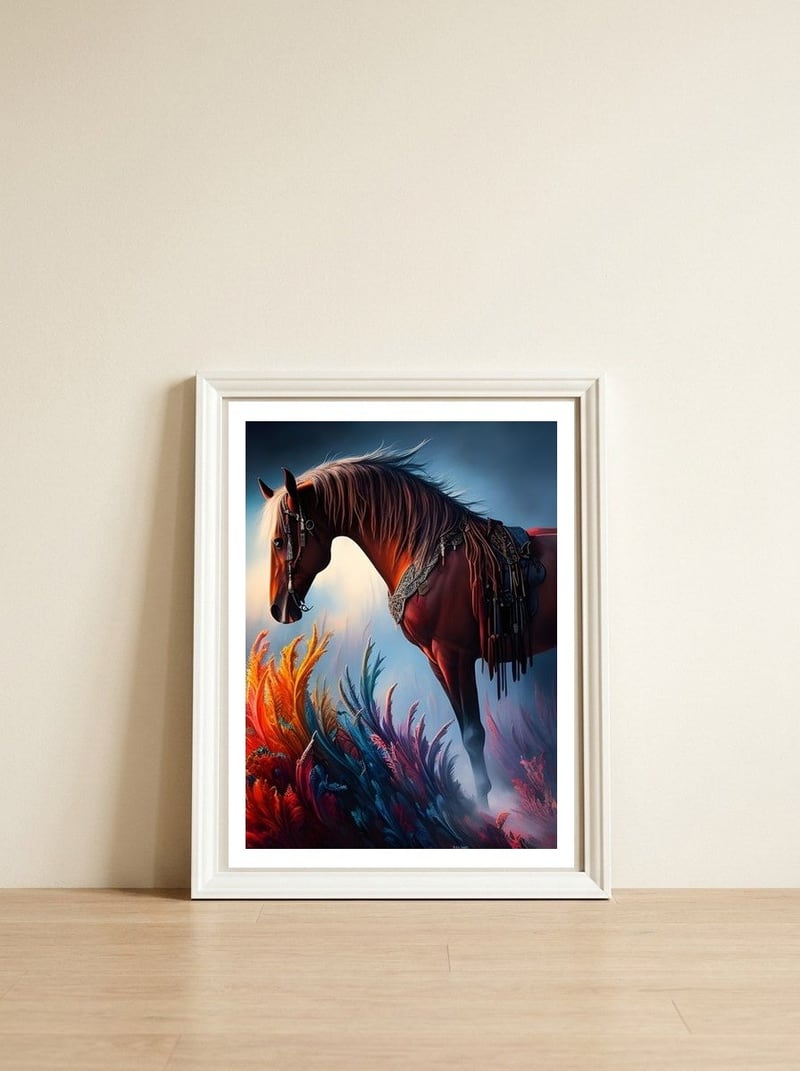 Elegant Prismatic Arabian Horse Digital Art — framed, leaning against the wall