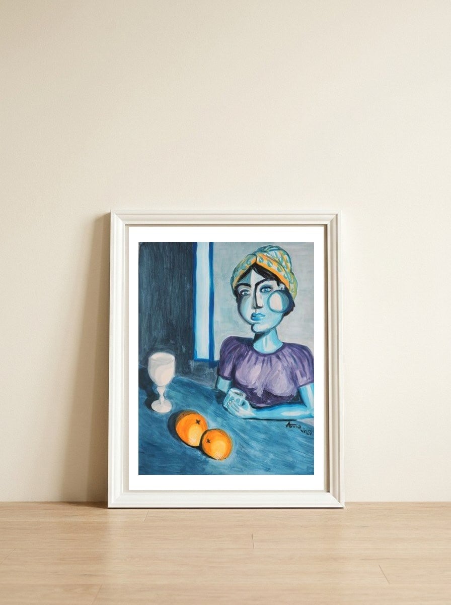 Blue Coffee Time — framed, leaning against the wall