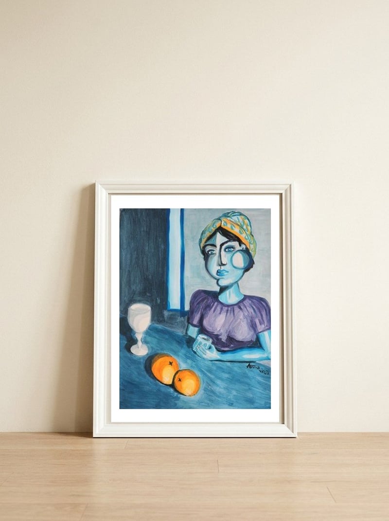 Blue Coffee Time — framed, leaning against the wall