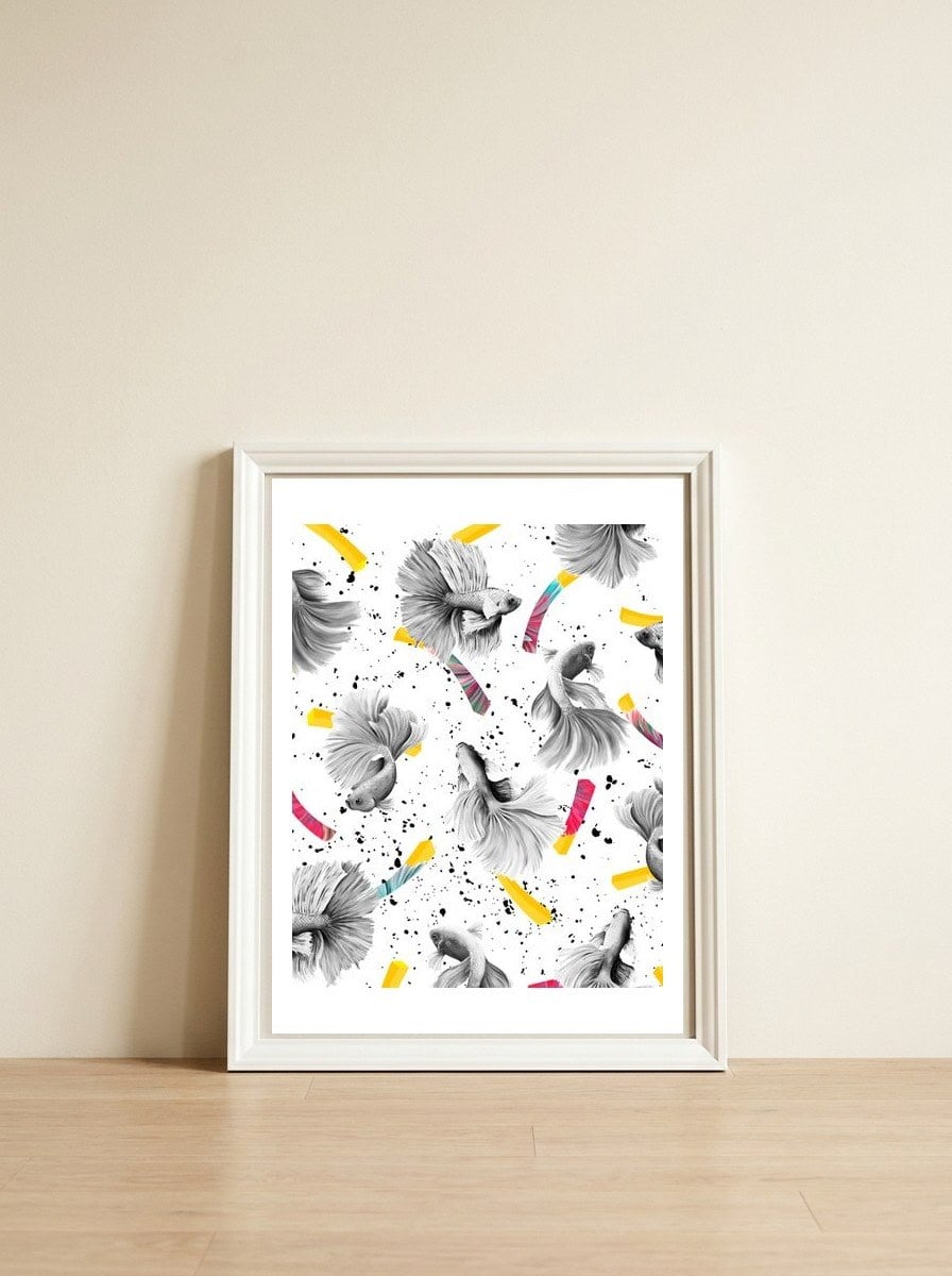 Fish & Chips, Eclectic Quirky Vintage British, French Fries Food Boho Illustration Graphic — framed, leaning against the wall