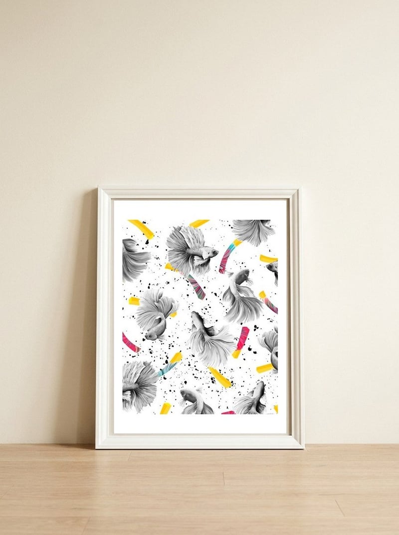 Fish & Chips, Eclectic Quirky Vintage British, French Fries Food Boho Illustration Graphic — framed, leaning against the wall