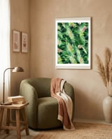 Palm & Peace Art Print, Tropical Botanical Jungle Canvas Print, Nature Painting Plants Forest Poster framed in a tender room thumbnail