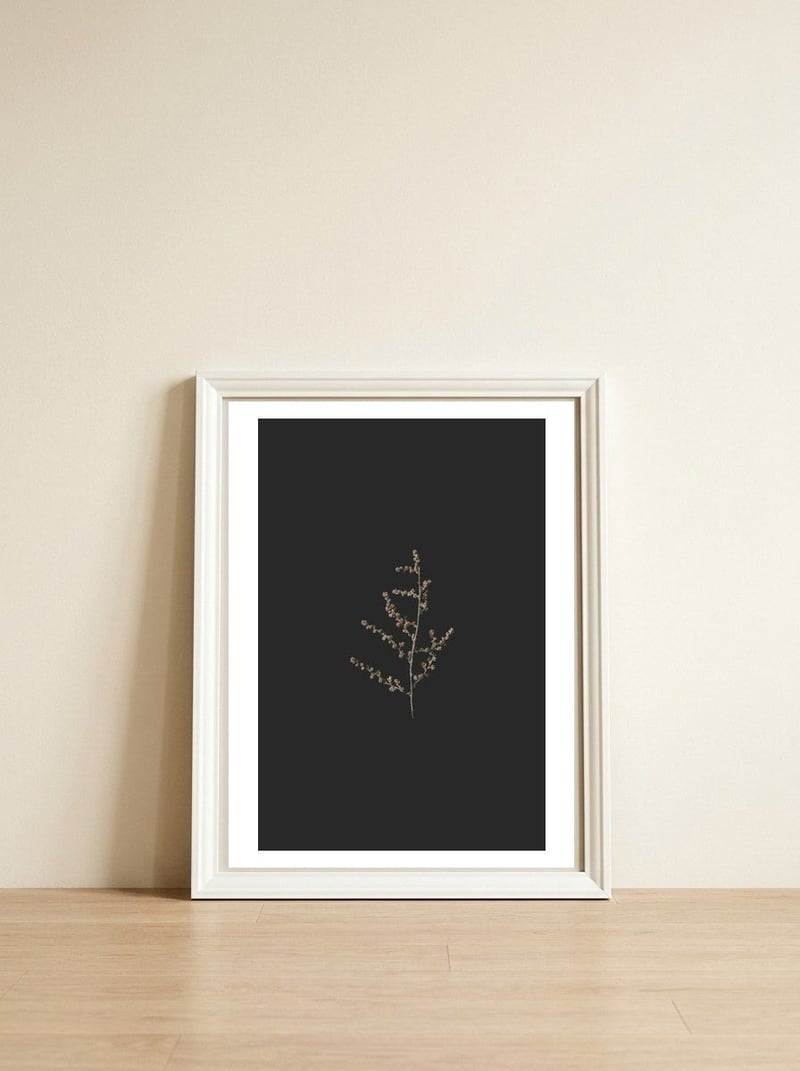 Dainty Botanicals in Gold and Black — framed, leaning against the wall