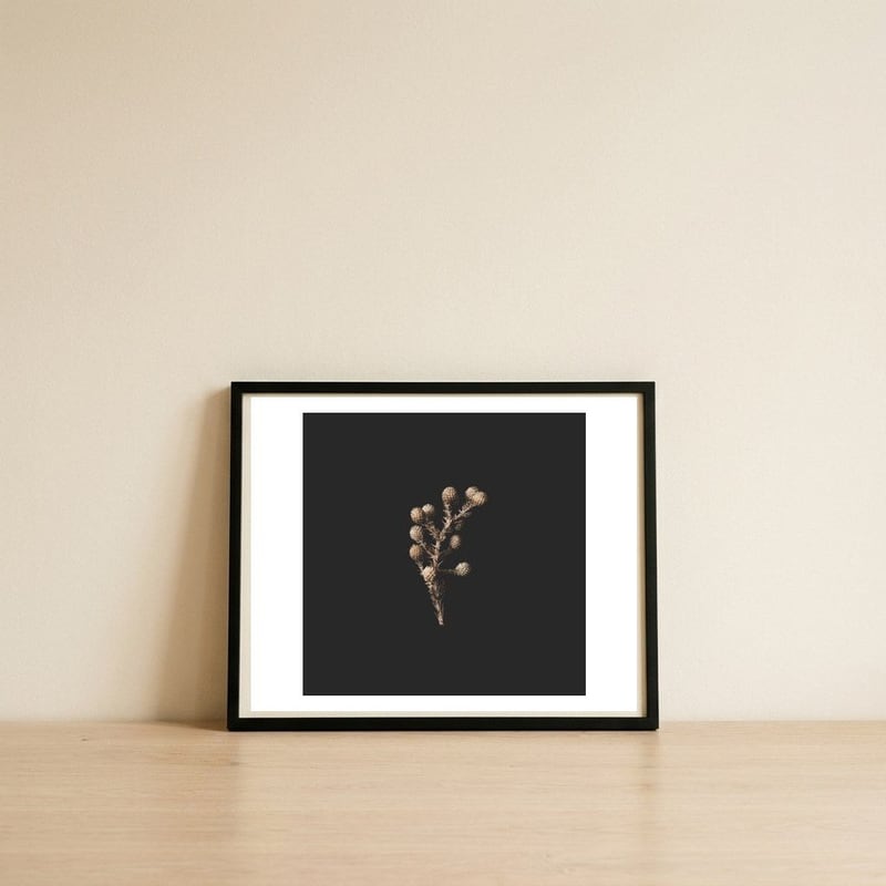 gold-flowers-on-black-square-fynbos-florals-botanicals-2 — framed, leaning against the wall