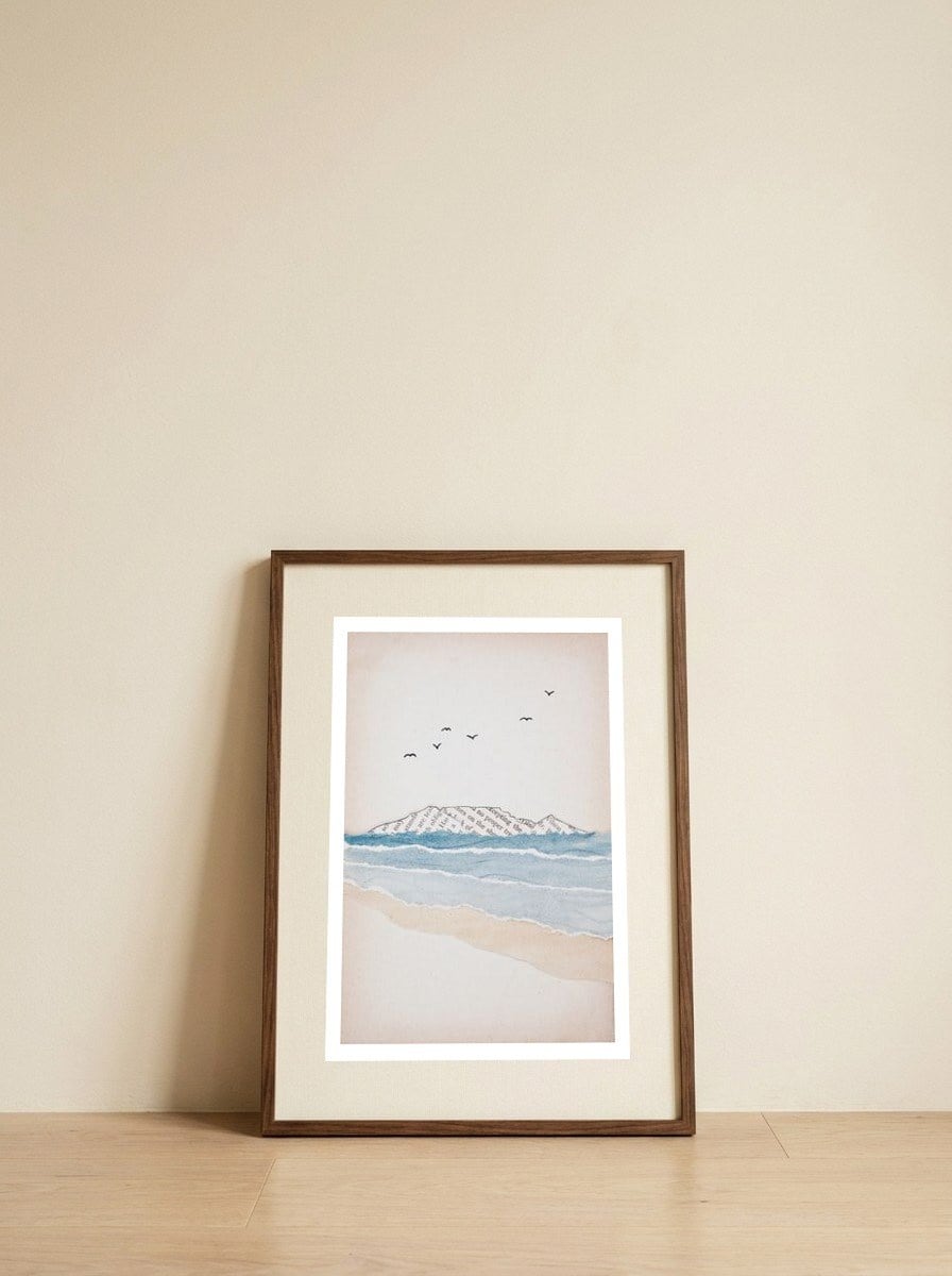 ocean-landscape-in-mixed-media-table-mountain-in-cape-town-2 — framed, leaning against the wall