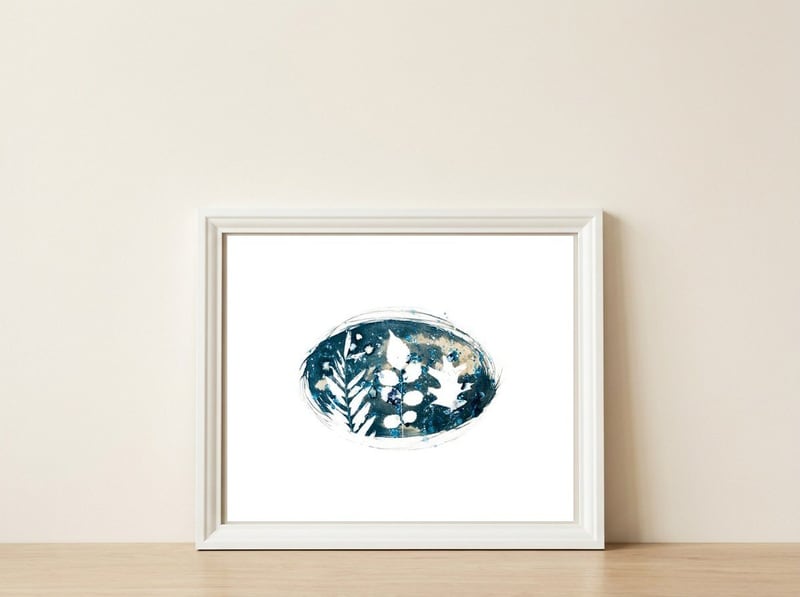 Indigo Blue Botanical Leaves No. 6 — framed, leaning against the wall