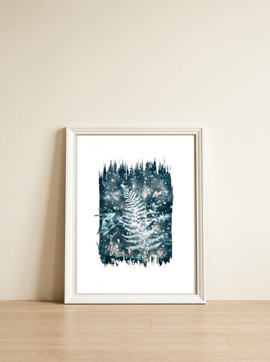 Indigo Blue Botanical Leaves No. 11 — framed, leaning against the wall