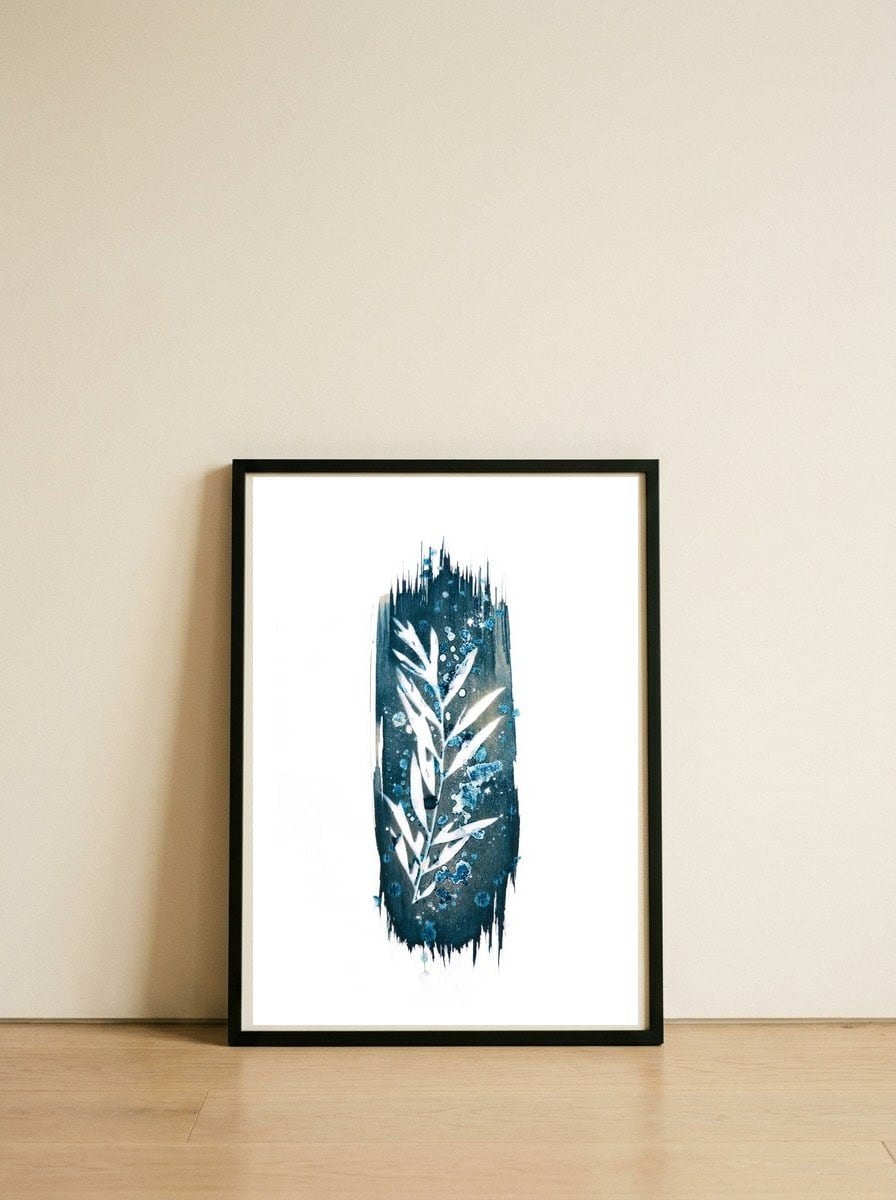 leaves-on-blue-with-rough-brush-stroke-2 — framed, leaning against the wall