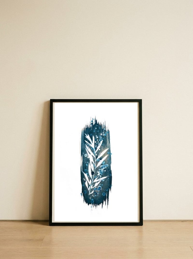 leaves-on-blue-with-rough-brush-stroke-2 — framed, leaning against the wall