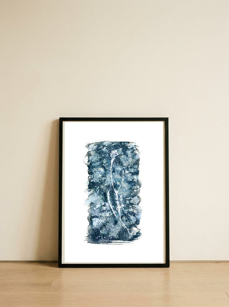 wild-flowers-on-blue-1 — framed, leaning against the wall