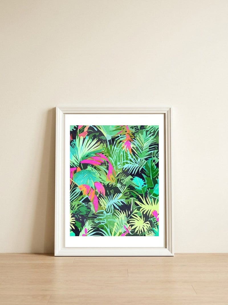 Tropical Jungle, Botanical Nature Plants, Palm Forest Bohemian Watercolor, Modern Wild Painting — framed, leaning against the wall
