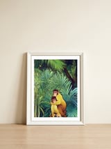 Monkey Love, Tropical Jungle Botanical Nature, Plants Forest Bohemian Animals, Wildlife Eclectic Vintage — framed, leaning against the wall thumbnail