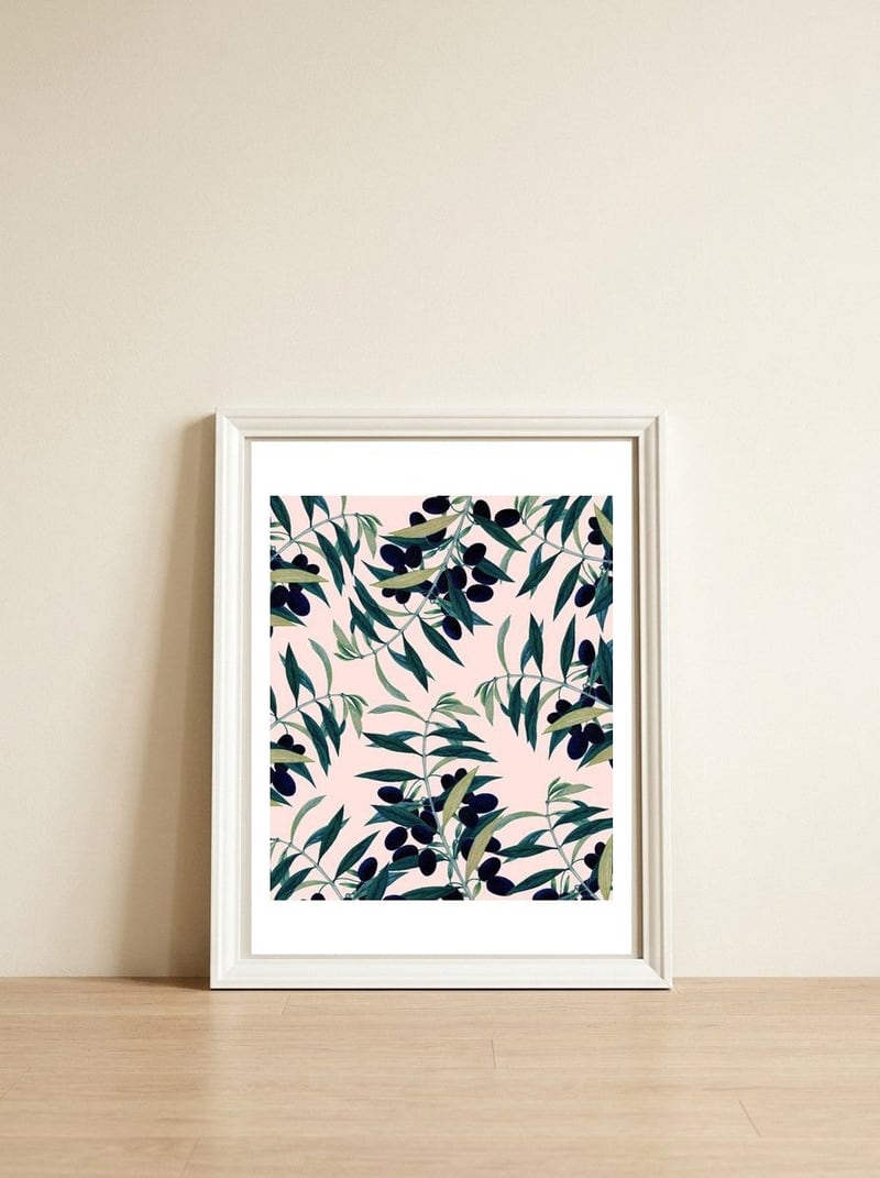 Olive Branch Pattern — framed, leaning against the wall