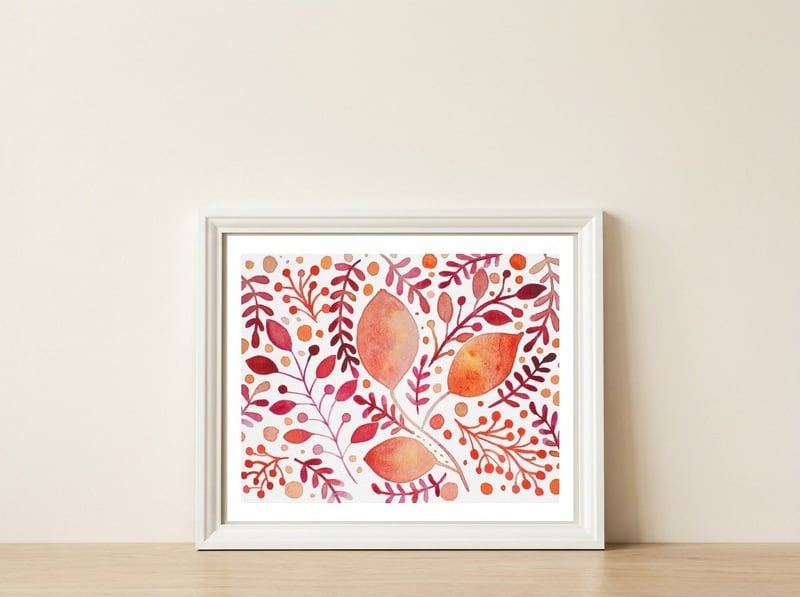 Watercolor branches and leaves - autumn palette — framed, leaning against the wall