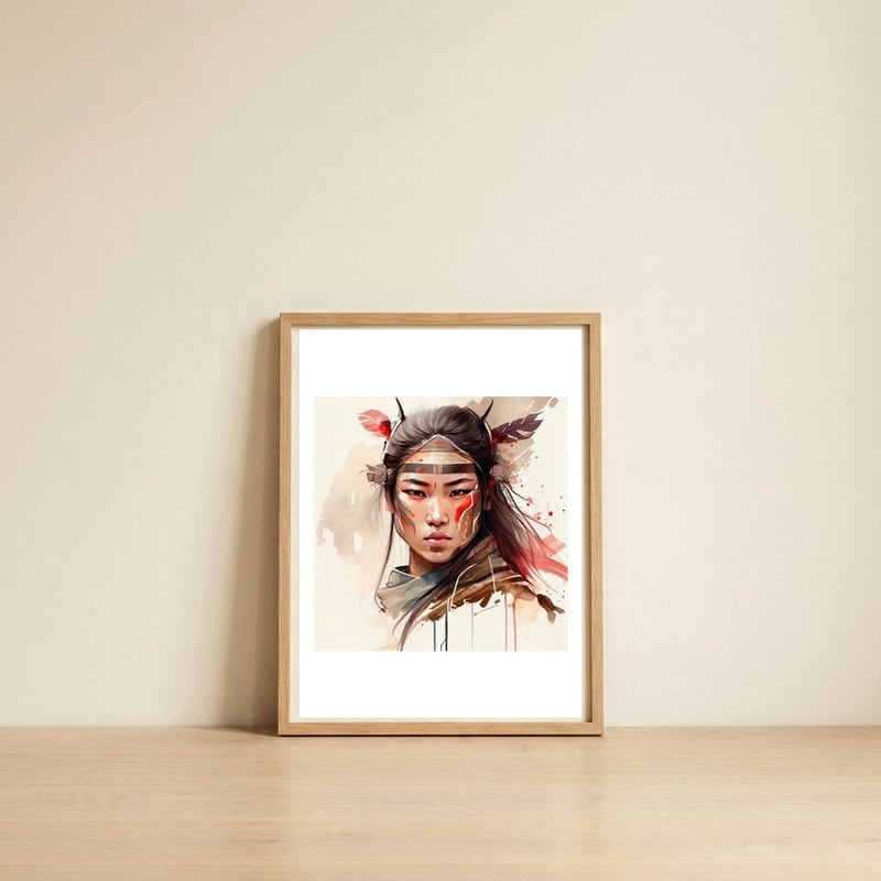 watercolor-asian-warrior-woman-portrait-1 — framed, leaning against the wall