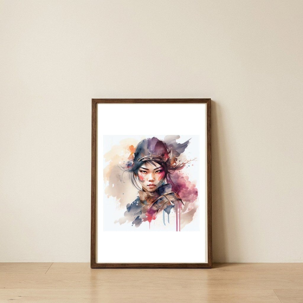 soft-gaze-asian-warrior-woman-portrait — framed, leaning against the wall