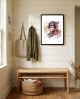soft-gaze-asian-warrior-woman-portrait framed in a relaxed room thumbnail