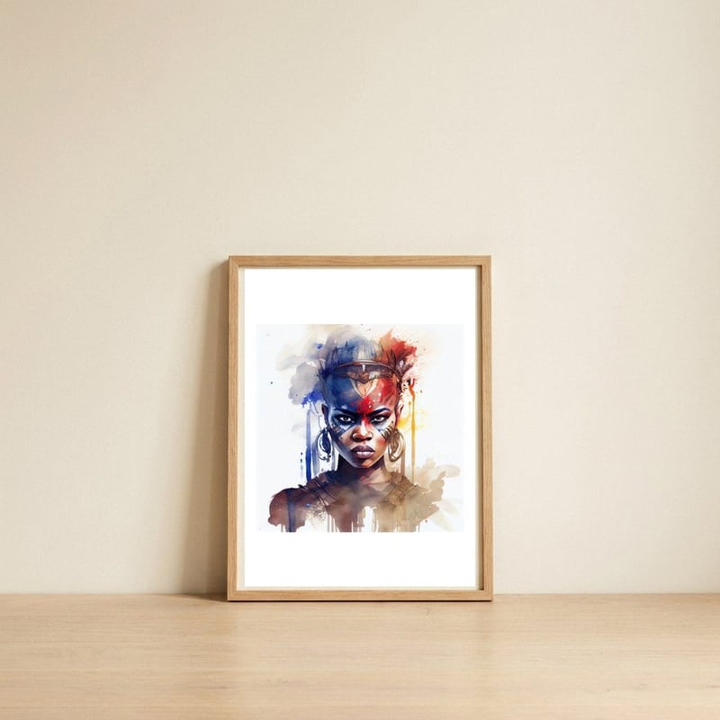 vivid-watercolor-african-warrior-portrait — framed, leaning against the wall