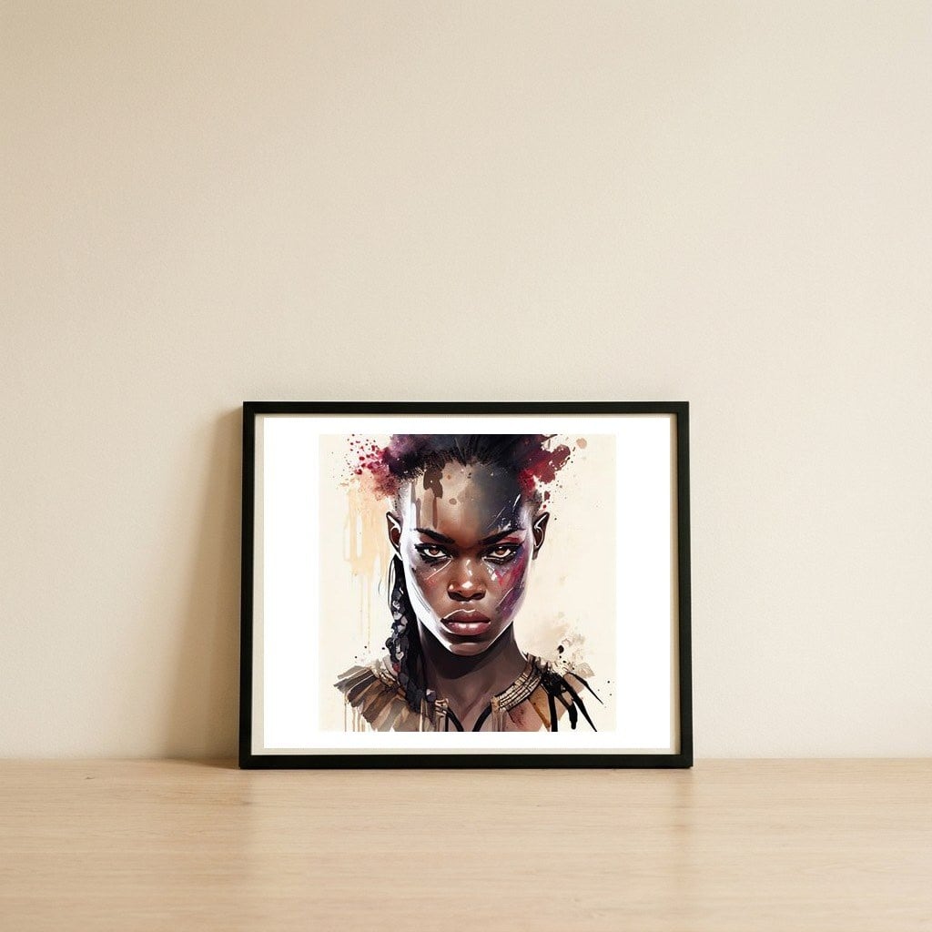 watercolor-african-warrior-woman-portrait — framed, leaning against the wall