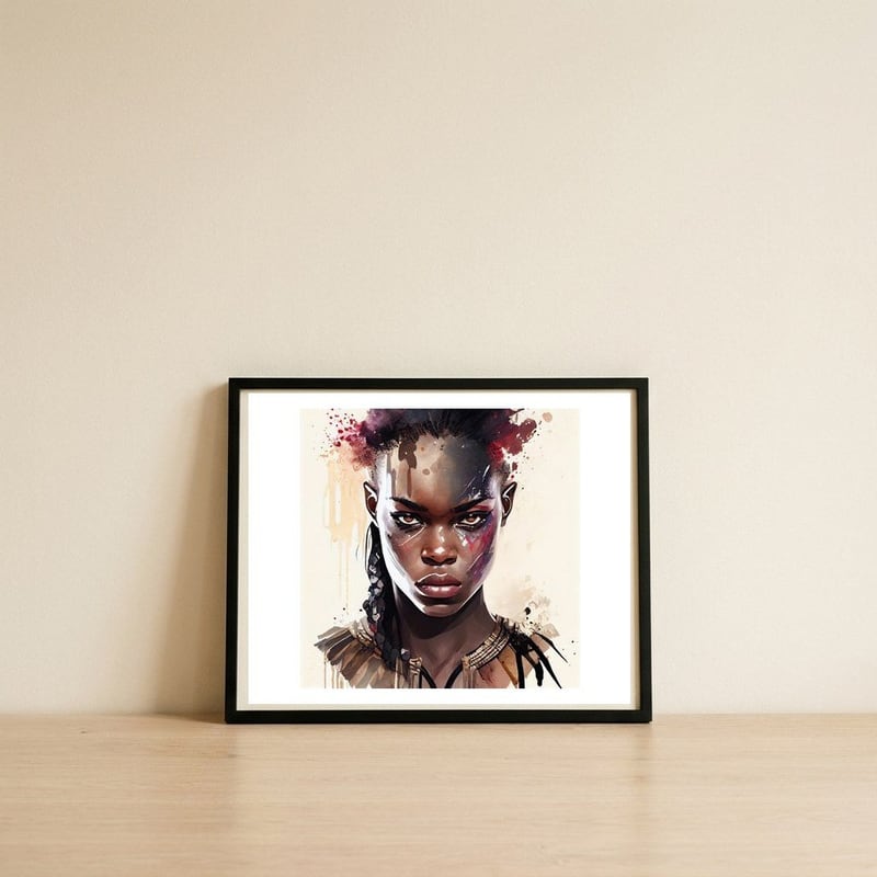 watercolor-african-warrior-woman-portrait — framed, leaning against the wall