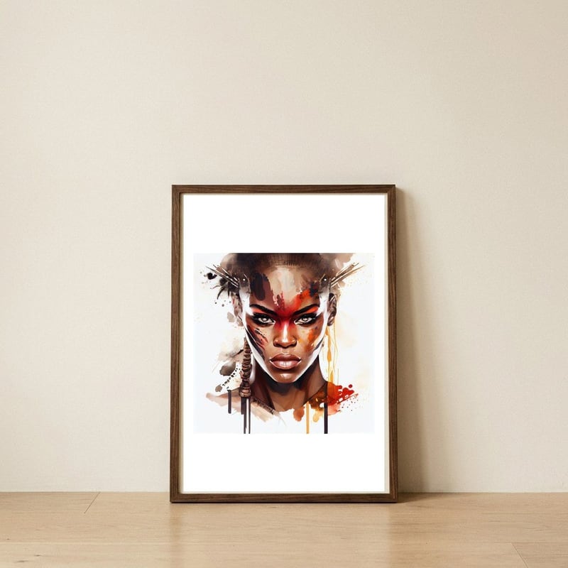 red-mask-watercolor-african-warrior-portrait — framed, leaning against the wall