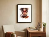 red-mask-watercolor-african-warrior-portrait framed in a focused room thumbnail