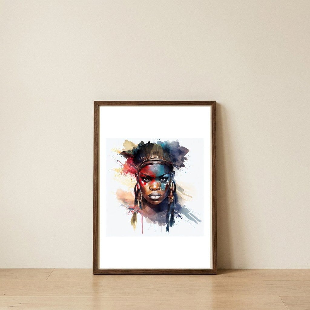 fierce-watercolor-african-warrior-portrait — framed, leaning against the wall