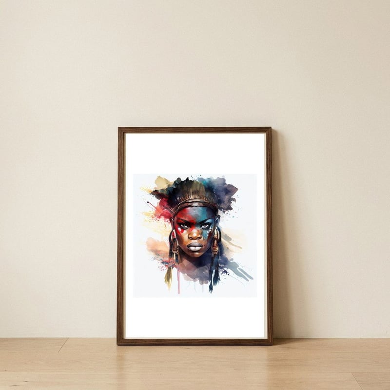 fierce-watercolor-african-warrior-portrait — framed, leaning against the wall