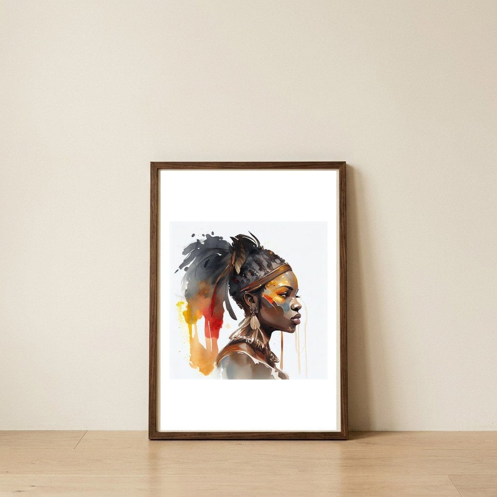 watercolor-african-warrior-side-portrait — framed, leaning against the wall