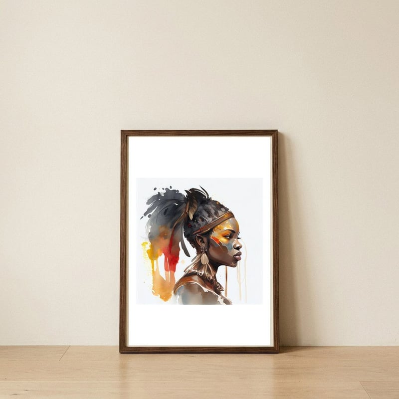 watercolor-african-warrior-side-portrait — framed, leaning against the wall