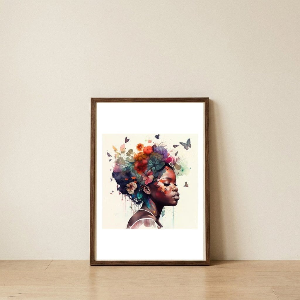 butterfly-african-woman-portrait — framed, leaning against the wall