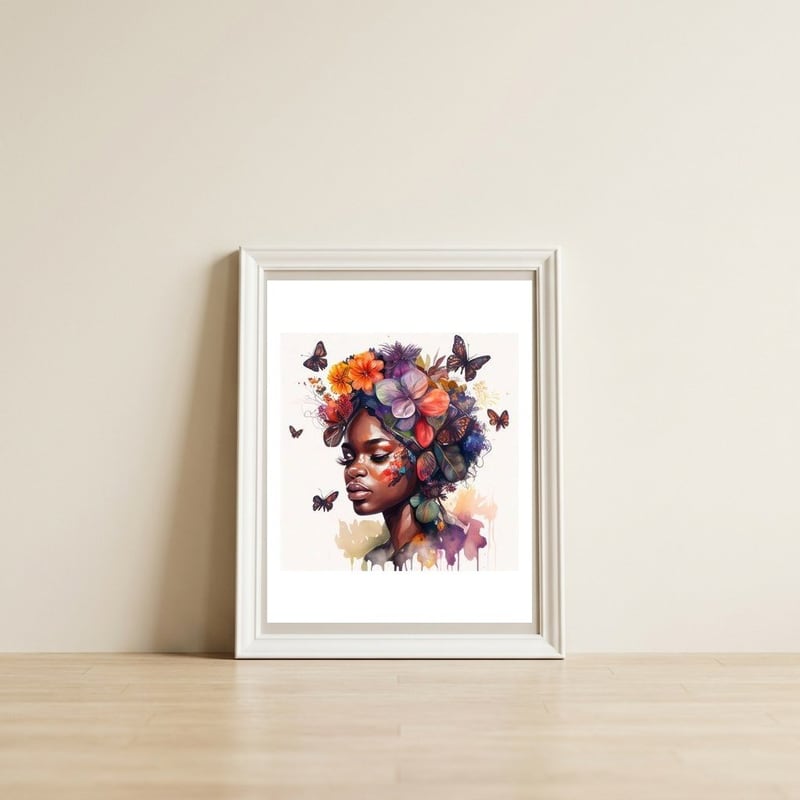 Watercolor Butterfly African Woman #2 — framed, leaning against the wall