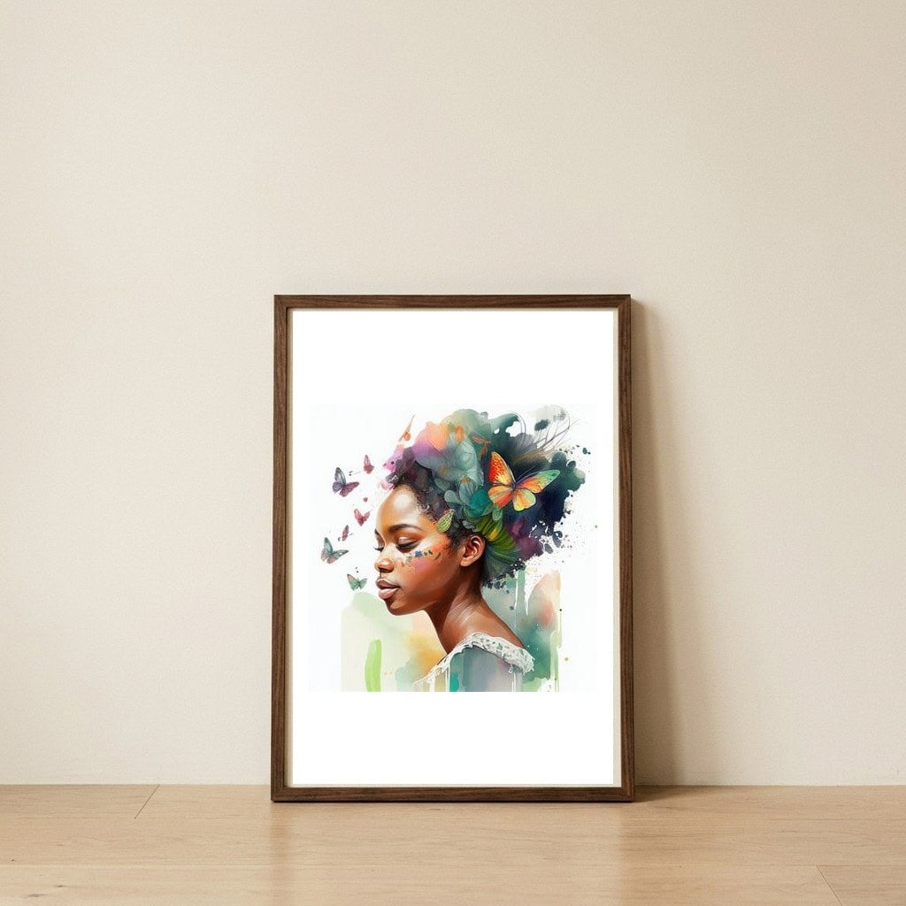 soft-butterfly-african-woman-portrait — framed, leaning against the wall