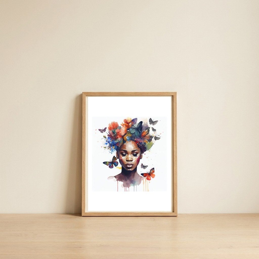 butterfly-crown-african-woman-portrait — framed, leaning against the wall