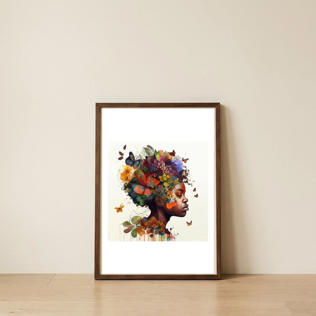 butterfly-african-woman-in-bloom — framed, leaning against the wall