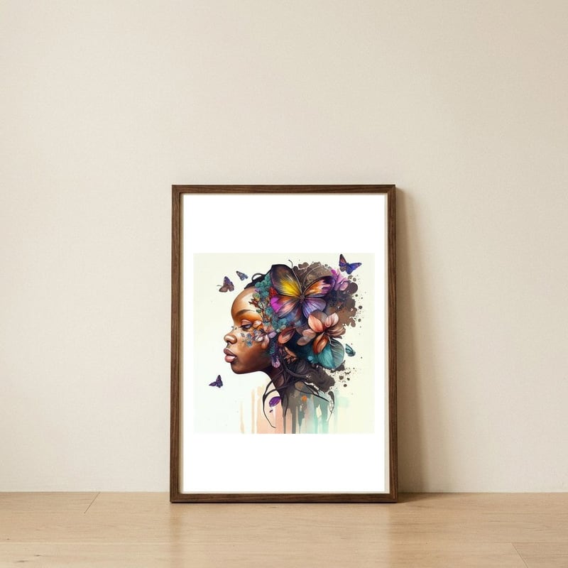 butterfly-african-woman-profile — framed, leaning against the wall