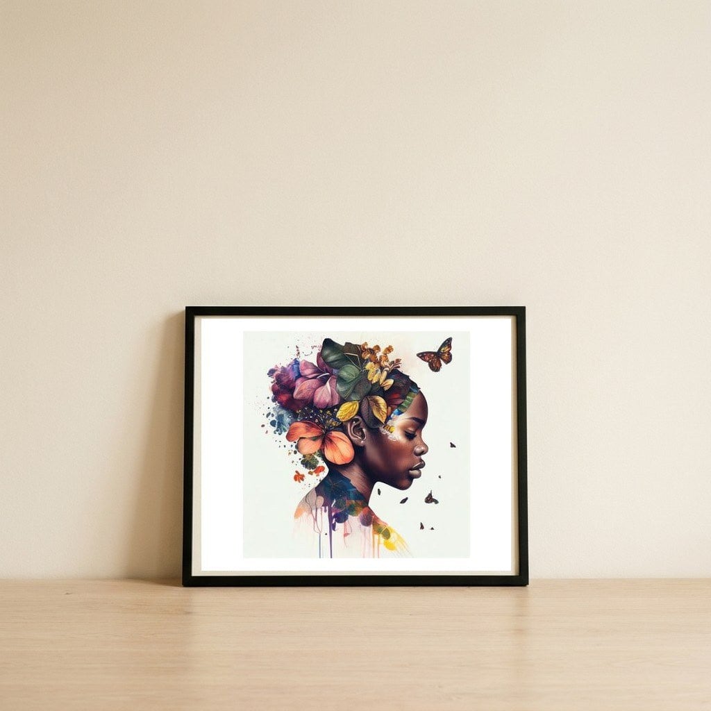 butterfly-african-woman-with-leaves — framed, leaning against the wall