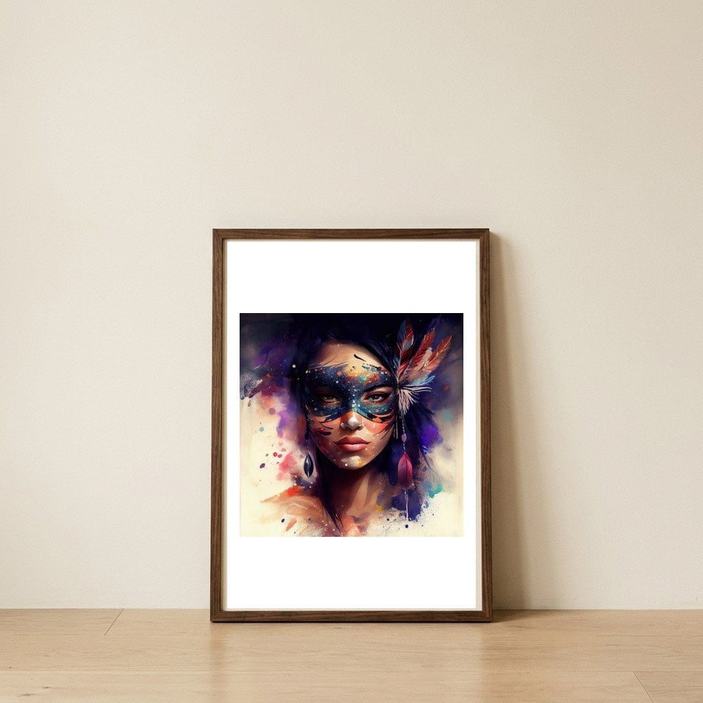 watercolor-carnival-feathered-mask-portrait — framed, leaning against the wall