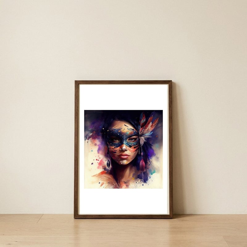watercolor-carnival-feathered-mask-portrait — framed, leaning against the wall