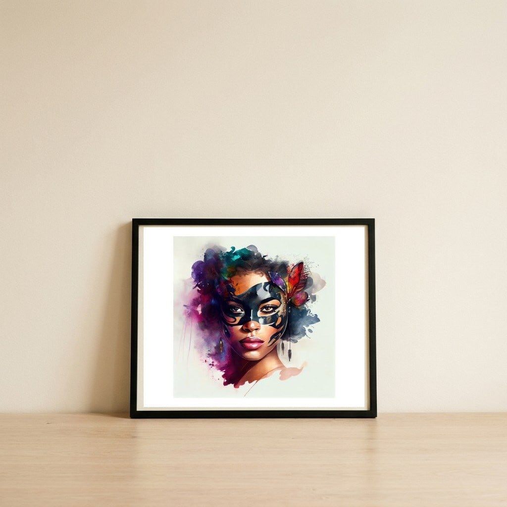 watercolor-carnival-black-mask-portrait — framed, leaning against the wall