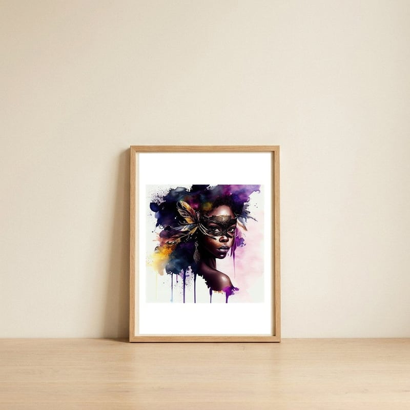 watercolor-carnival-lace-mask-woman — framed, leaning against the wall